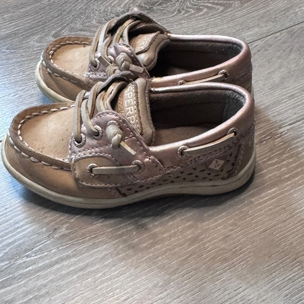 Sperry Songfish Jr Girls Metallic Tan Leather Boat Shoes Toddler Size 7